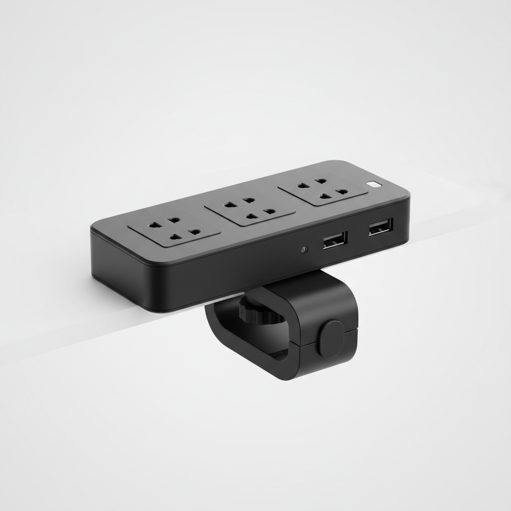 Black Desk Clamp Power Strip - Light Grey Background